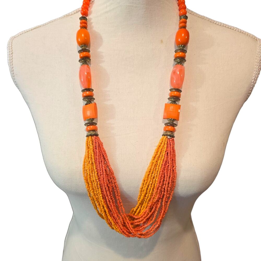 Vintage Multi Strand Seed Bead Necklace Chunky Boho 34" Long Layered 80s